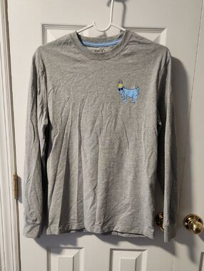 Mens Long-Sleeve Gray Tee with Blue Cartoon Graphic - X-small